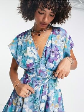 Free People Floral Gauze V-Neck Wrap Dress Teal Purple S/P